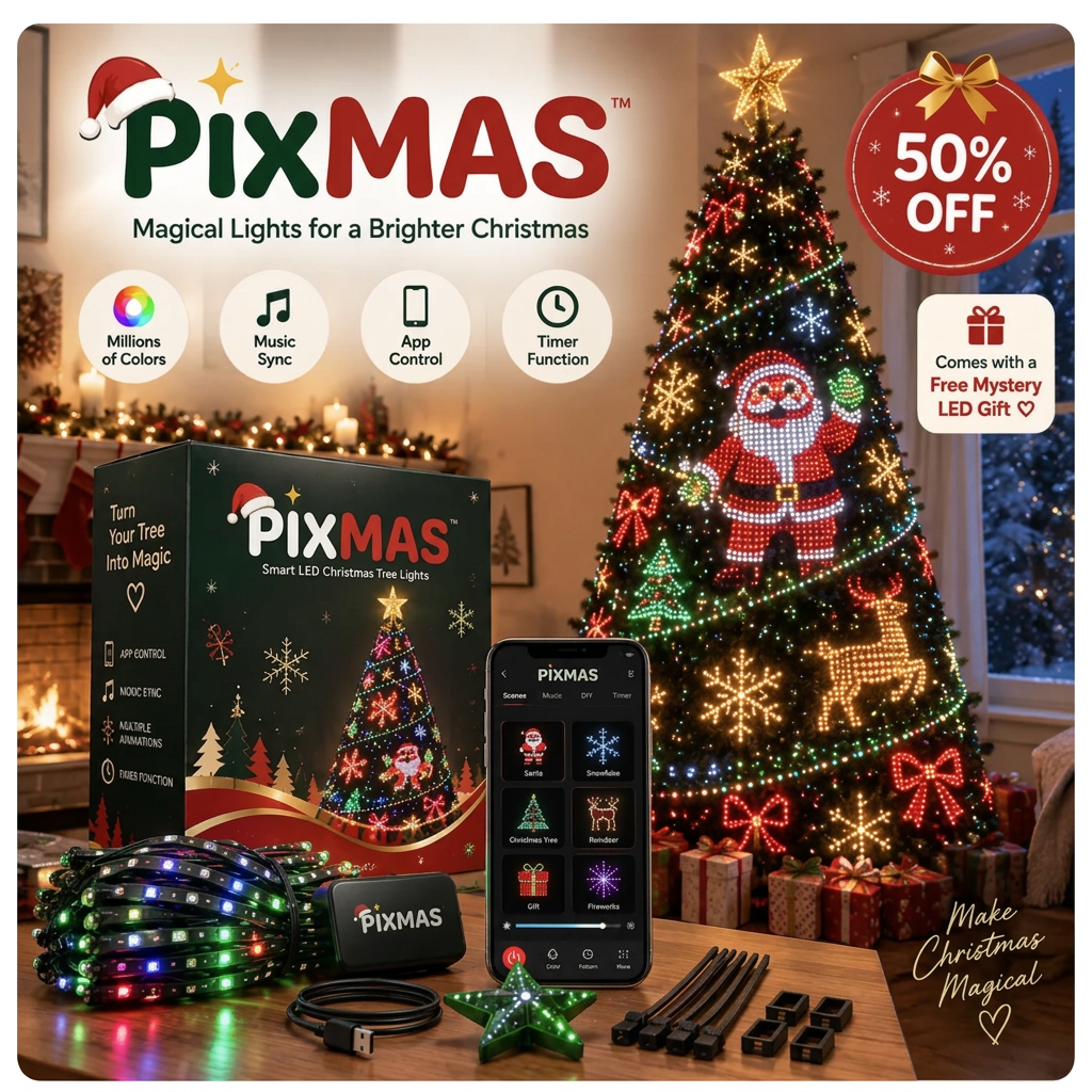 PixMas smart LED lights on a Christmas tree